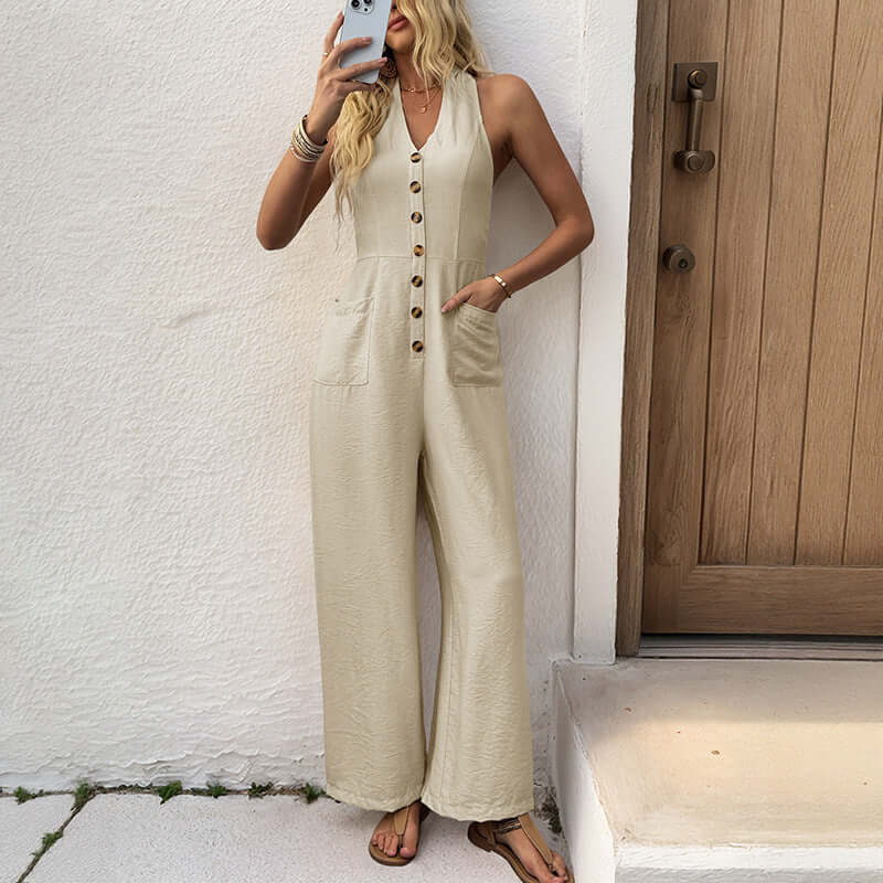 European and American versatile simple casual slimming hanging neck wide leg jumpsuit eprolo