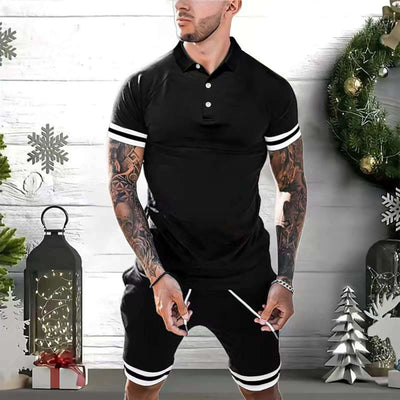 Men's black short sets outfit featuring a polo shirt and shorts, perfect for summer casual wear and sports activities.