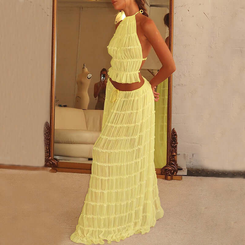 2pcs Women's Dress Suit Sexy Sleeveless Backless Cropped Halter Top And Pleated Long Skirt Beach Clothing eprolo