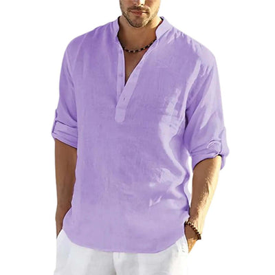 Men's Casual Cotton Linen Solid Color Long Sleeve Shirt Loose Stand Collar Astrazona