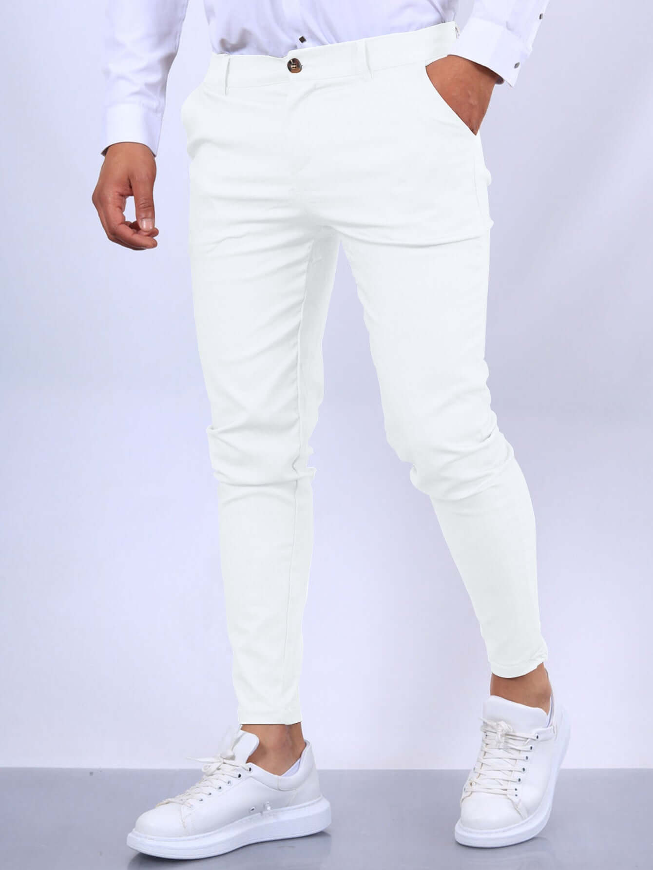 Men's Slim Button Trousers Fashion Solid Office Versatile Long Pencil Pants Astrazona