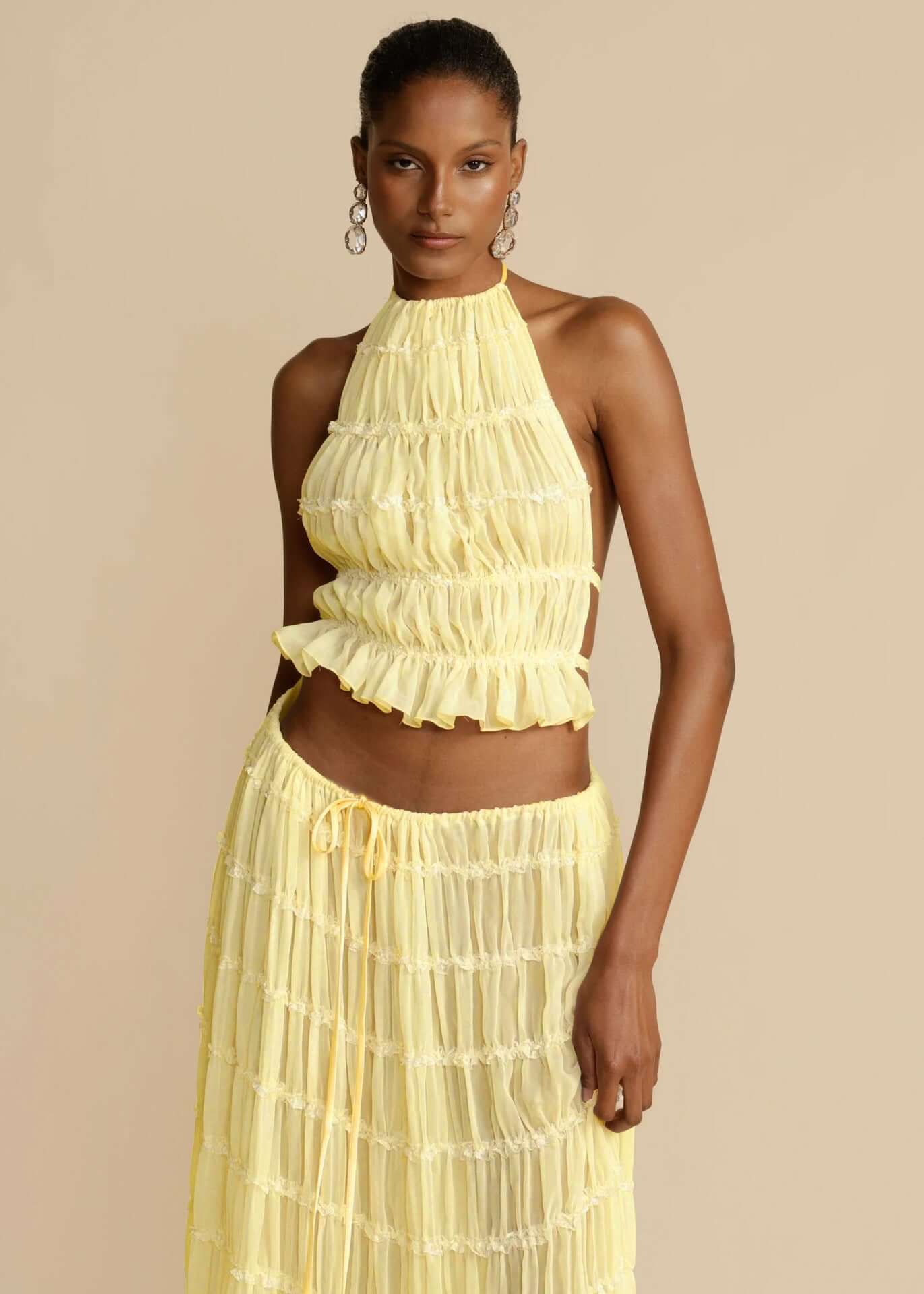 2pcs Women's Dress Suit Sexy Sleeveless Backless Cropped Halter Top And Pleated Long Skirt Beach Clothing eprolo