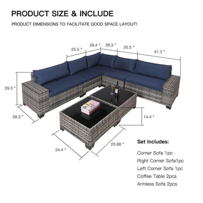 7-Piece Outdoor Patio Furniture Sets, All-Weather Wicker Rattan Sectional Sofa, Modern Two Glass Coffee Table And Washable Seat Cushion eprolo