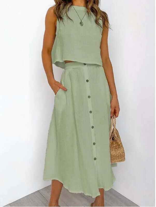 Women's Fashionable Simple Round Neck Vest Shirt Mid-length Dress Two-piece Suit eprolo