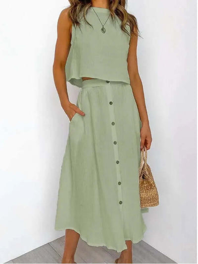 Women's Fashionable Simple Round Neck Vest Shirt Mid-length Dress Two-piece Suit eprolo