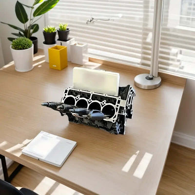 Engine Block Desk Organizer: Modern art for desktop/bookshelf. Holds business cards, a creative office accessory. eprolo