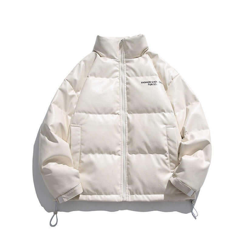 White duck down stand-up collar jacket for men, lightweight, thick, fleece-lined, suitable for cool weather.