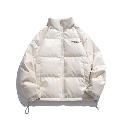 White duck down stand-up collar jacket for men, lightweight, thick, fleece-lined, suitable for cool weather.