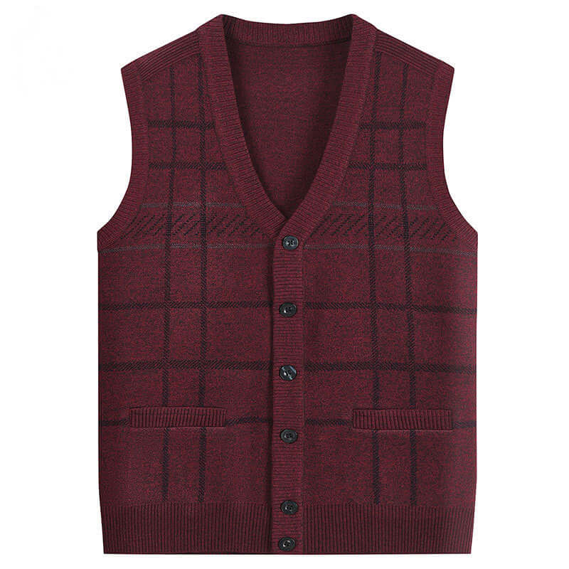 Thickened men's knitted waistcoat vest in wine red with plaid pattern, ideal for the elderly.