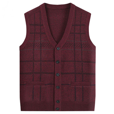 Thickened men's knitted waistcoat vest in wine red with plaid pattern, ideal for the elderly.