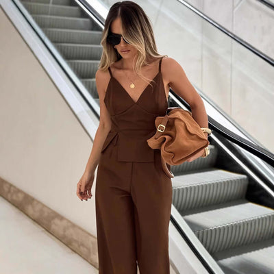 Brown Sleeveless V-neck Brace Split Vest Trousers Suit eprolo