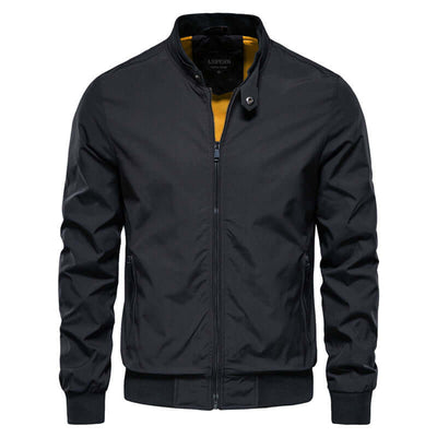 Men's casual bomber jacket in black with a yellow interior, featuring a zip closure and ribbed cuffs.
