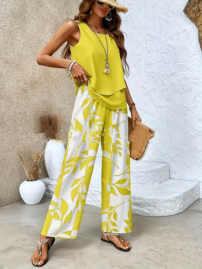 Women's printed sleeveless vest with loose straight pants