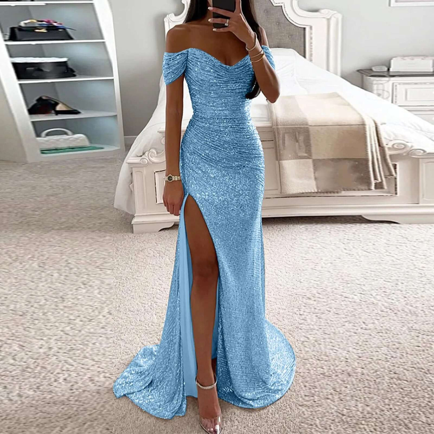Female Creative Solid Color Sparkling Slit Dress Dropshipman