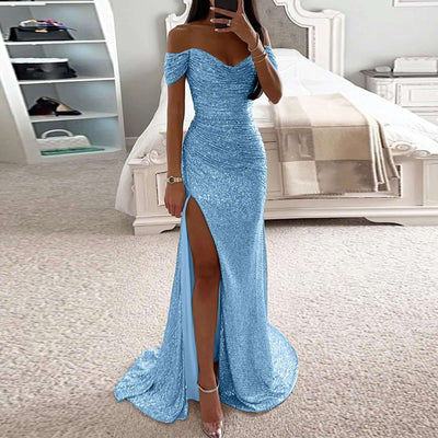 Female Creative Solid Color Sparkling Slit Dress Dropshipman