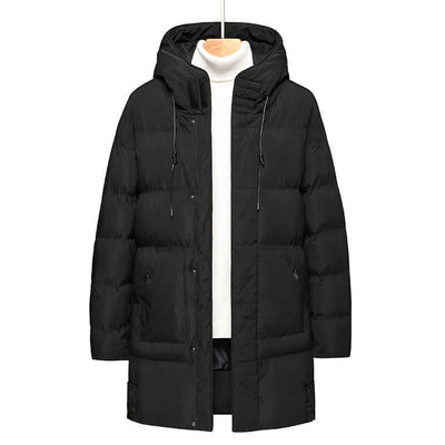 Plus size black mid-length cotton-padded jacket for men, perfect for warmth and comfort.