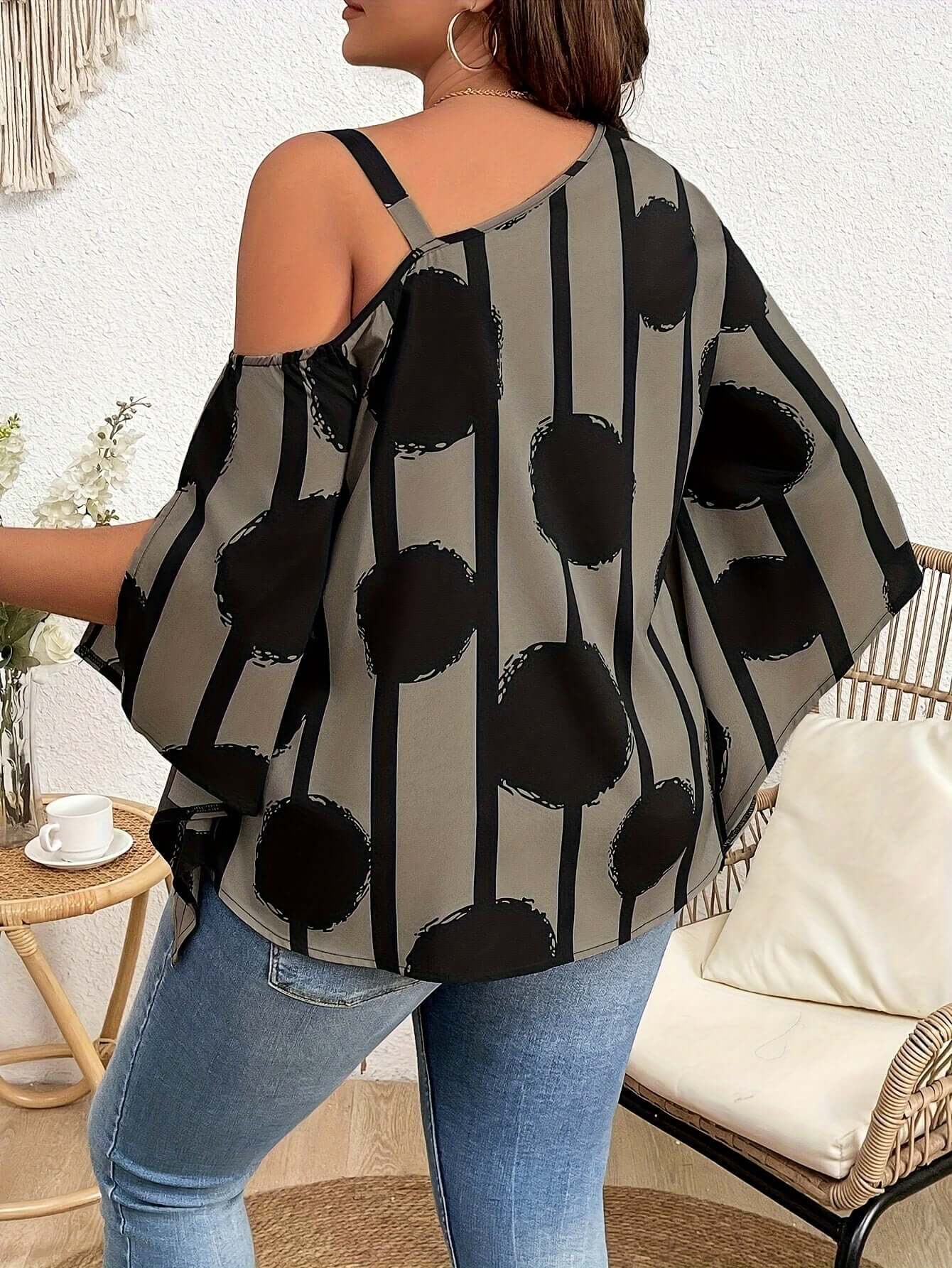 Women's Plus Size Printed Fashion Off-the-Shoulder Charming Chain Three-quarter Sleeve Blouse - Casual Top eprolo