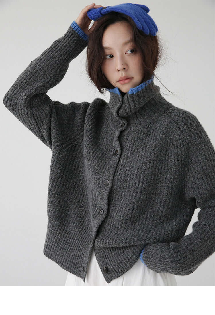 Color Blocking Collar Single Breasted Wool Knitted Cardigan Jacket eprolo