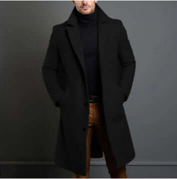 Men's mid-length black woolen trench coat with a straight hem and pocket style for a stylish, leisure look.