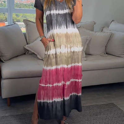 Summer V-neck Striped Printed Short Sleeve Plus Size Loose Dress eprolo