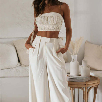 Women's Solid Color Sleeveless Suspender Short Top And Pants Set eprolo