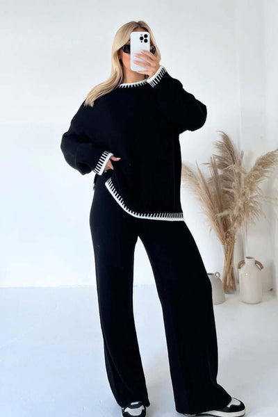 Women's Suit Fashion Pullover Split Long-sleeved Top And Loose Straight Pants Solid Color Two-piece Set eprolo