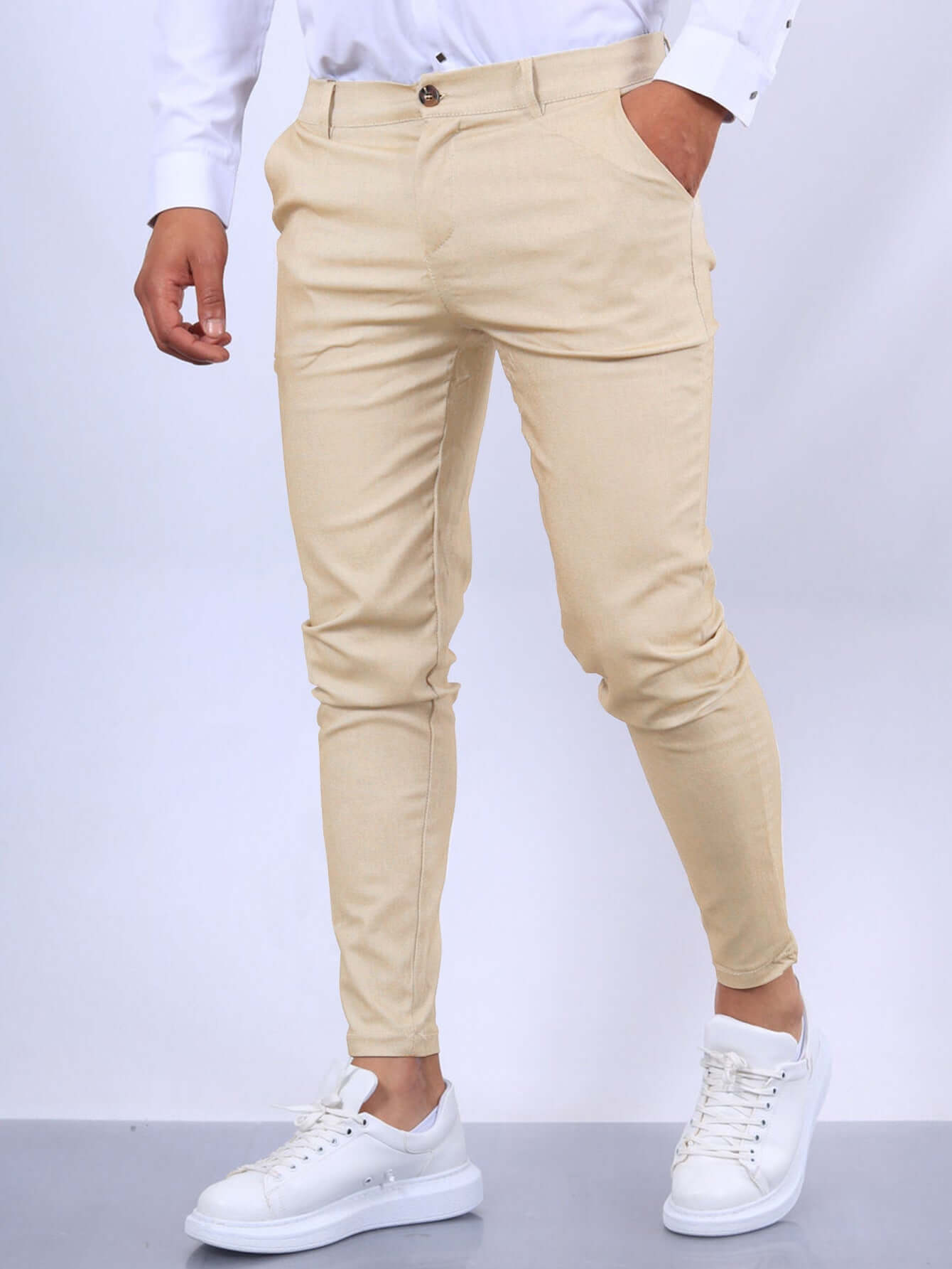 Men's Slim Button Trousers Fashion Solid Office Versatile Long Pencil Pants Astrazona