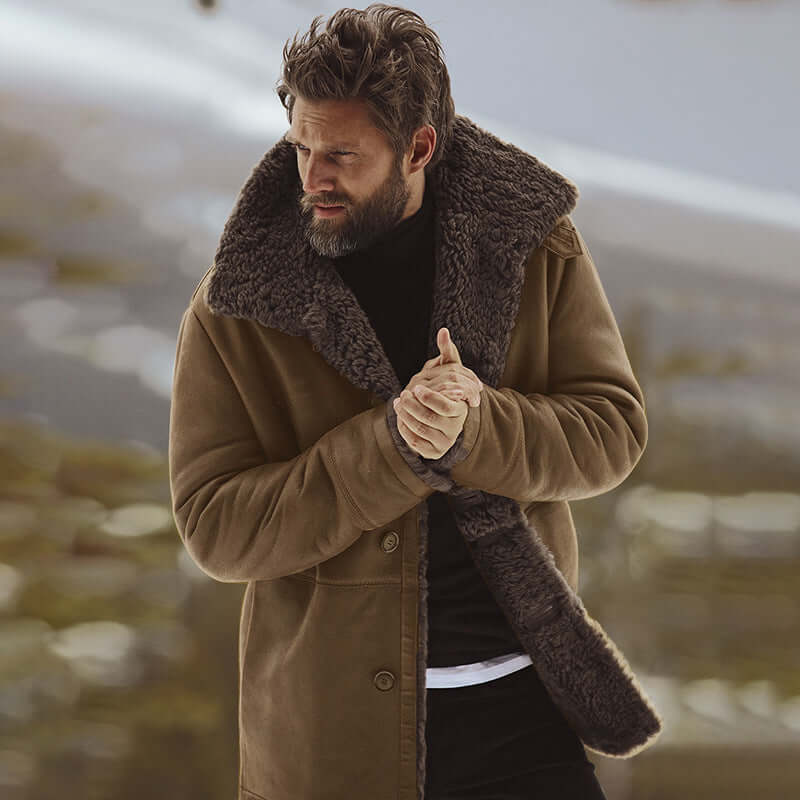 Warm mid-length men's coat featuring a plush collar, perfect for cold weather, available in various colors.