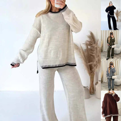 Women's Suit Fashion Pullover Split Long-sleeved Top And Loose Straight Pants Solid Color Two-piece Set eprolo