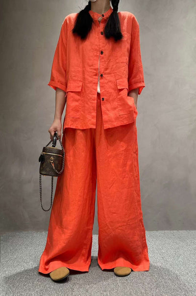 Solid Color Linen Suit Half Sleeve Shirt Casual Pants eprolo