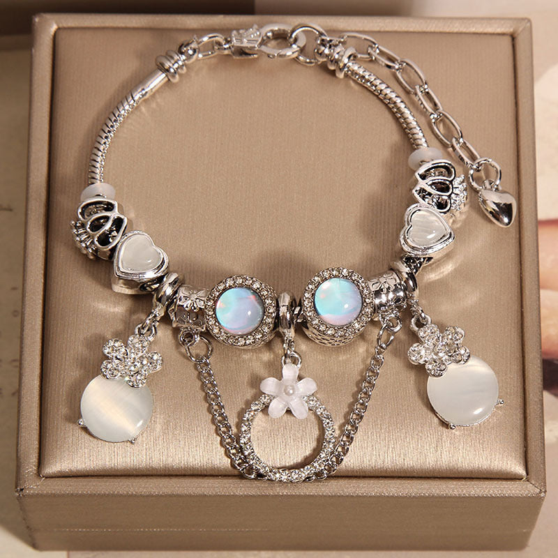 Women's Mori Style Pink Cat's Eye Cute Flowers Pendant Bracelet eprolo