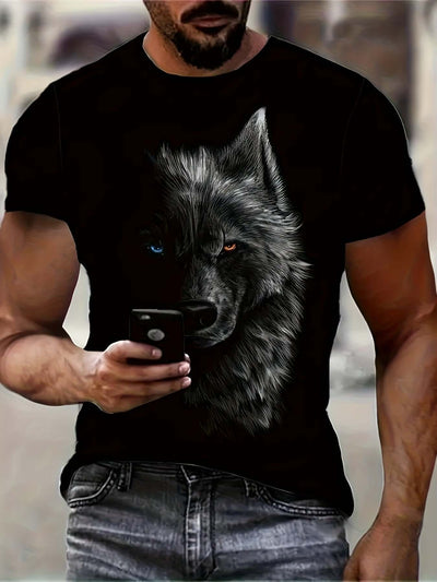 3D Digital Cool Wolf Contrast Color Eye Pattern Round Neck T-shirt, Men's Summer Outdoor Activity Fashion Top eprolo