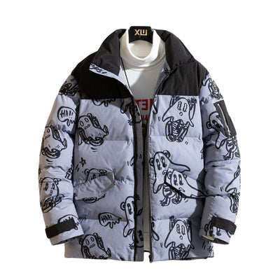 Korean style winter jacket for men featuring fun cartoon design, hooded, thicker polyester fabric for warmth.