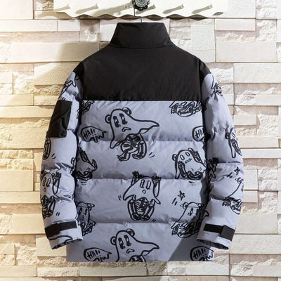 Korean style cartoon ghost print winter jacket for men, featuring a thicker design and hooded collar for warmth.