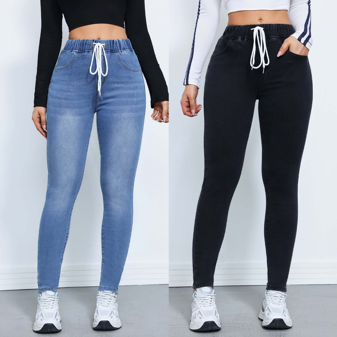 Women's Denim Trousers Autumn And Winter Drawstring Elastic Waist High Elastic Feet Dropshipman