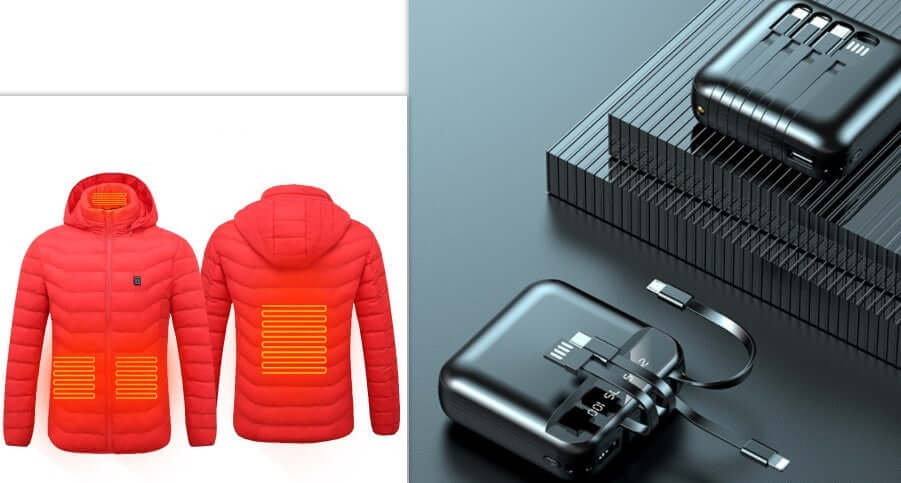 Men's stylish red heated jacket with USB power bank, showcasing heat zones for optimal warmth during winter.