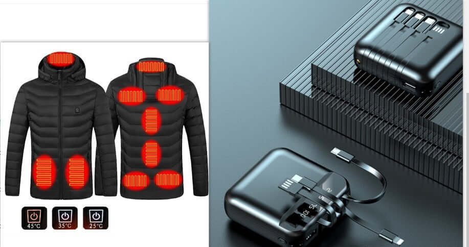 New heated jacket with advanced heating zones and USB power bank for easy warmth control in winter.