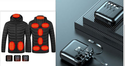 New heated jacket with advanced heating zones and USB power bank for easy warmth control in winter.