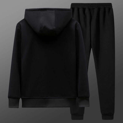 Men's black leisure sports suit featuring a hooded top and matching pants, perfect for casual wear or workouts.