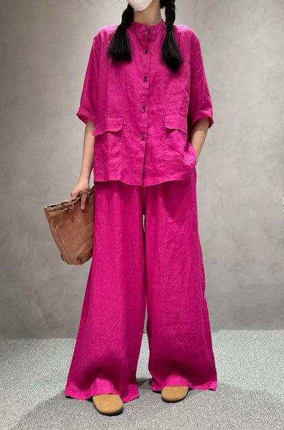 Solid Color Linen Suit Half Sleeve Shirt Casual Pants eprolo