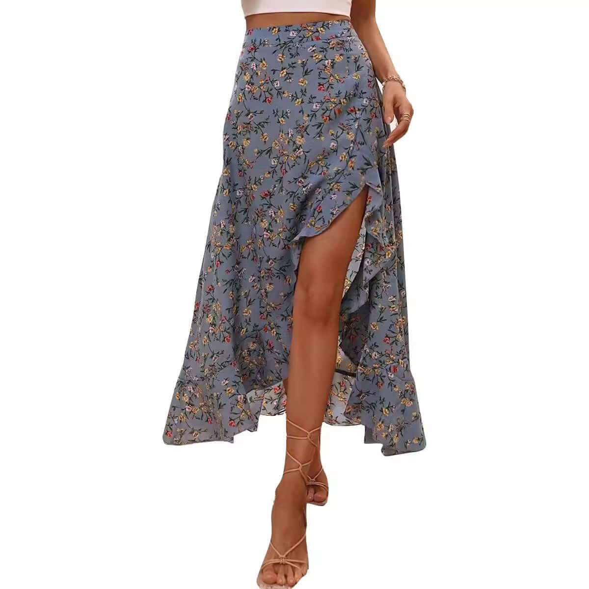 Printed Ruffled Side Slit Skirt eprolo