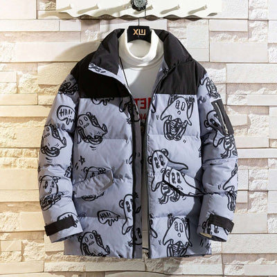 Korean style winter loose bread jacket for men, featuring playful ghost prints and a hooded design.