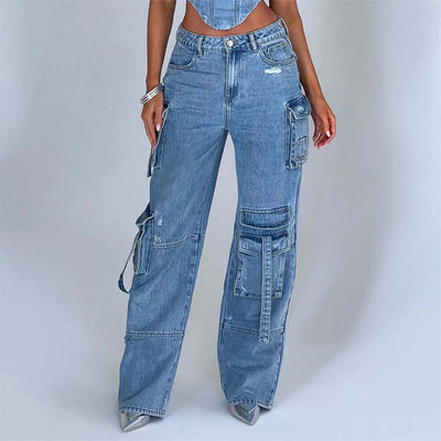 Women's low waist denim set with tube top and stitched pockets