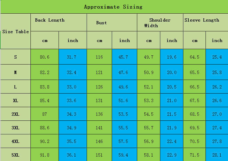 Approximate sizing chart for fur integrated hooded jacket with measurements for various sizes S to 5XL.