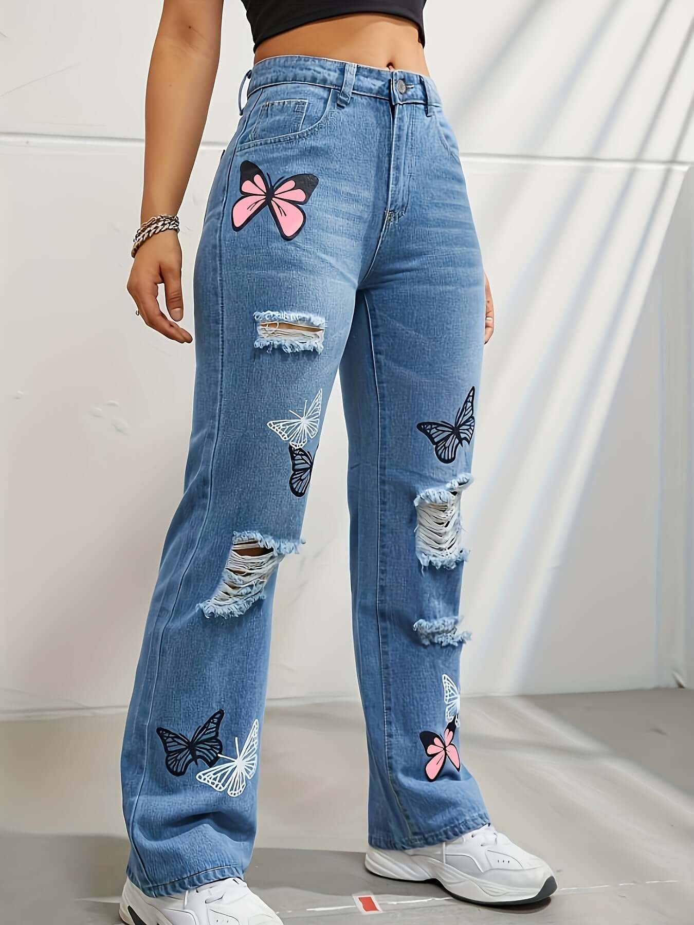 High Waisted Straight Leg Jeans For Women Trendy Butterfly Print Ripped Distressed Denim Pants Dropshipman