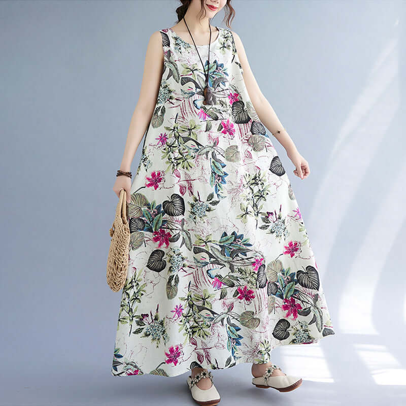 Printed Cotton Linen Round Neck Sleeveless Dress Women's eprolo