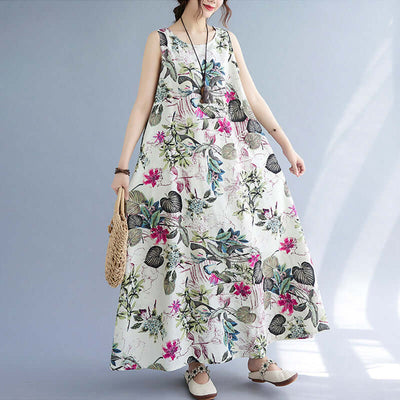Printed Cotton Linen Round Neck Sleeveless Dress Women's eprolo