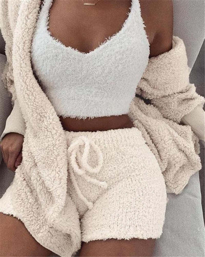 3pcs Womens Clothing Long Sleeve Crop Tank Top And Drawstring Shorts Pajama Set eprolo