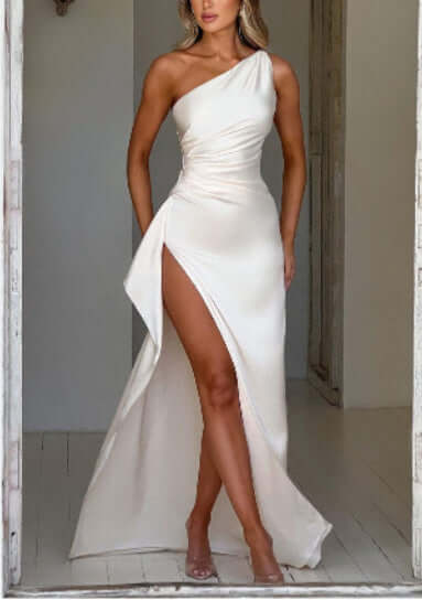 Sexy One-shoulder Backless Slit Dress Summer Elegant Slim-fit Solid Color Satin Dresses For Women Astrazona