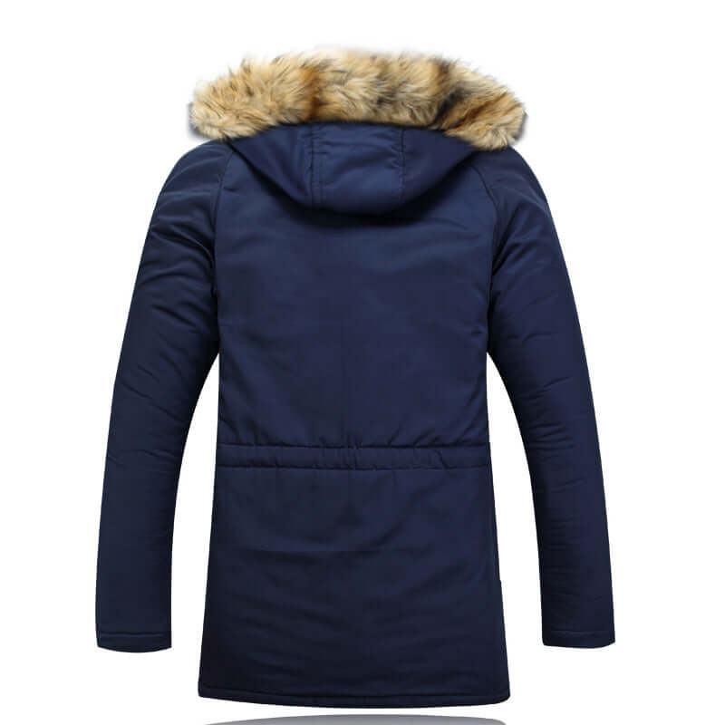 Navy padded winter coat with hood and faux fur lining, designed for warmth and comfort.